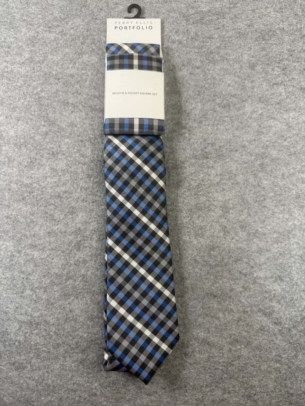 Perry Ellis Portfolio Blue Black White Plaid Necktie & Pocket Square Set